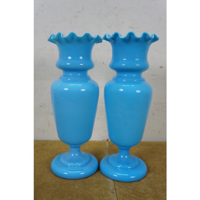 2 Antique Bristol Blue Turquoise Opaline Ruffled Clambroth Mantel Vases Urns 11" For Sale - Image 9 of 13