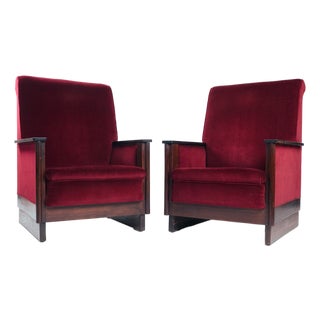 Art Deco Amsterdam School Red Velvet Chairs, The Netherlands, 1930s, Set of 2 For Sale