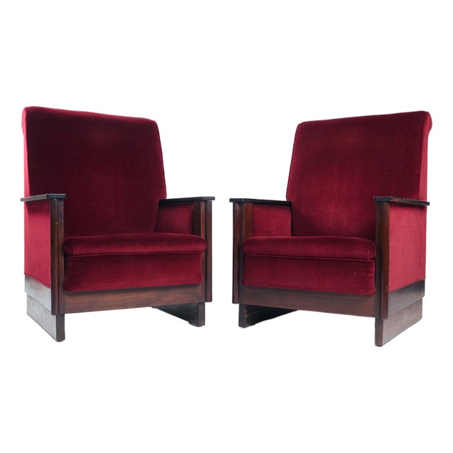 Art Deco Amsterdam School Red Velvet Chairs, The Netherlands, 1930s, Set of 2 For Sale