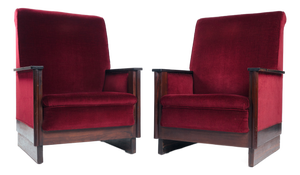 Art Deco Amsterdam School Red Velvet Chairs, The Netherlands, 1930s, Set of 2