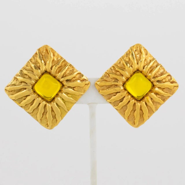 Contemporary Jean Patou Paris Gilt Metal Sun Pair of Clip Earrings With Yellow Poured Glass Cabochon For Sale - Image 3 of 6