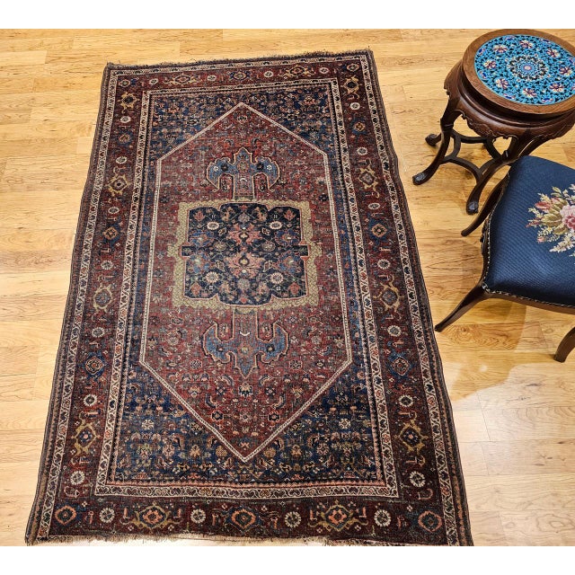 19th Century Persian Bidjar Rug, Hand-Knotted Wool, Geometric Herati Pattern, Burgundy & Blue, 5x7 For Sale - Image 4 of 18