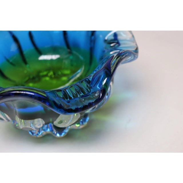 Vintage Italian Blue and Green Art Glass Ashtray / Decorative Footed Bowl For Sale - Image 11 of 12