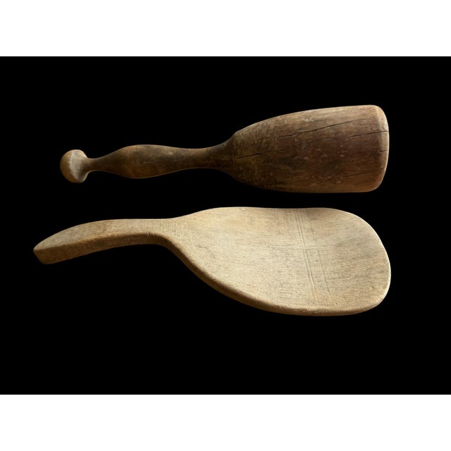 Greige Pair of Early 20th Century Primitive Wooden Kitchen Utensils Paddle Pestle For Sale - Image 8 of 13