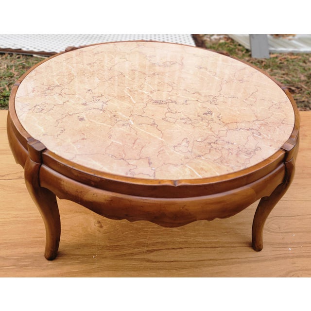 1954 Round Fruitwood Coffee Table With Inset Pink Italian Marble Top For Sale In Baltimore - Image 6 of 10