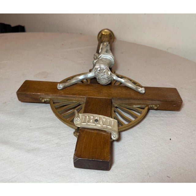 Large Vintage Church Used Wood Brass Ceremonial Processional Crucifix Cross For Sale - Image 10 of 13