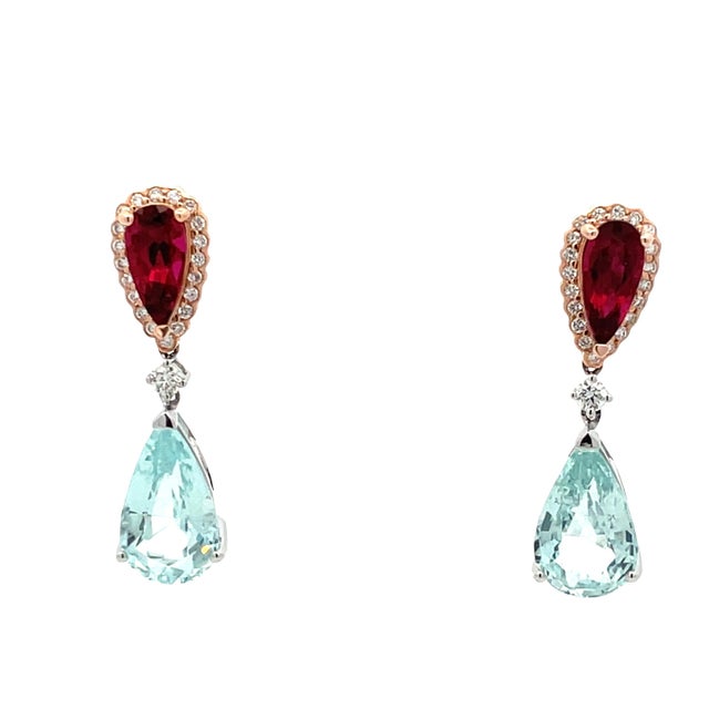 Blue 18k Gold Dangle Earrings With Aquamarine Rubellite and Diamonds, A Pair For Sale - Image 8 of 14