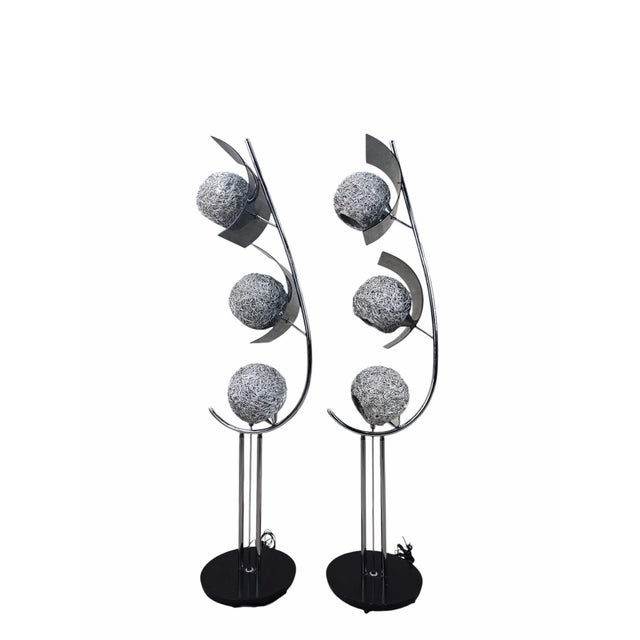 Mid 20th Century Mid 20th Century Mid Century Modern Chrome Triple Light Lamps With Metal Spaghetti Shades – Pair For Sale - Image 5 of 12