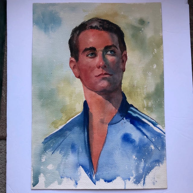 Original Vintage Young Male Watercolor Portrait Painting 1970’s For Sale In Philadelphia - Image 6 of 6