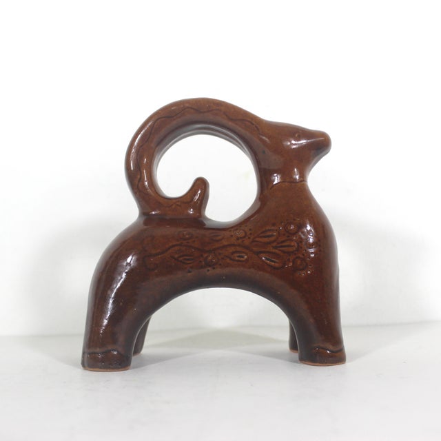 Mid Century Modern Ceramic Ram or Goat Pottery, Small Animal Figurine Vintage Sculpture Bitossi Style Rust Brown For Sale - Image 6 of 9
