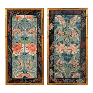 Framed Fine Chinese Antique Embroidery Panels with Forbidden Knots - a Pair