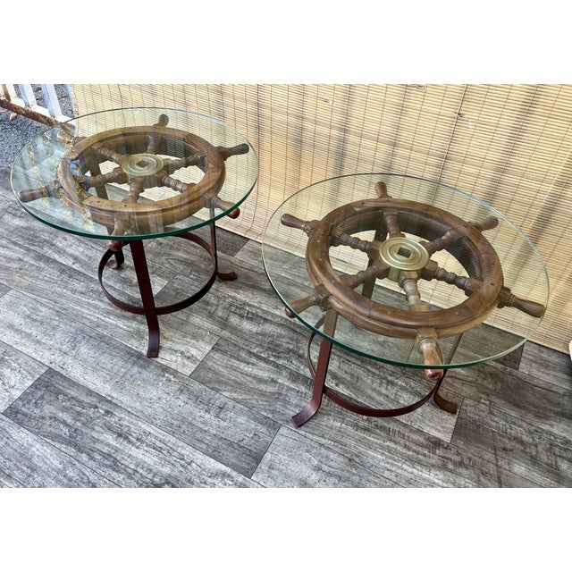 Wood A Pair of Vintage Handcrafted Ship's Wheel Glass Top Side Tables. Circa 1970s For Sale - Image 7 of 18
