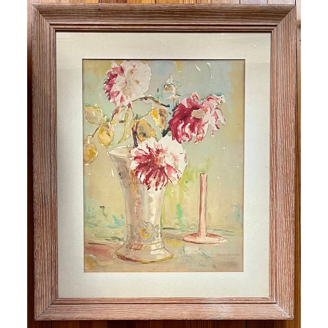 Pink 1930s Marie Anna Bommer (American 1905 - 1996) Art Deco Watercolor Floral Still Life Painting of Peonies in a Vase For Sale - Image 8 of 12