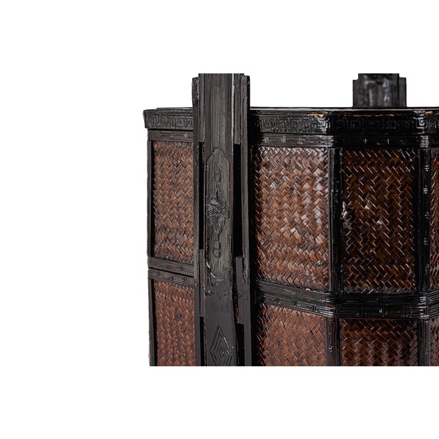 Antique 2 Two Tiered Chinese Wedding Basket in Dark Wood & Bamboo Rattan For Sale - Image 10 of 12