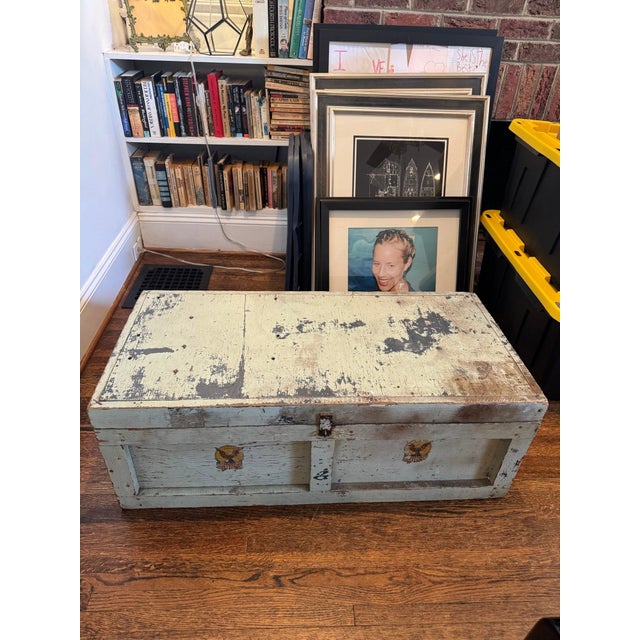 1940s Antique Painted Wood Trunk With American Eagle Decals, Chippy Sage Green For Sale - Image 5 of 6