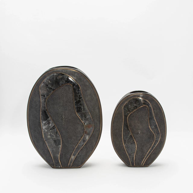 Black Modern Vase in Shagreen With Quartz and Brass Details by R&y Augousti For Sale - Image 8 of 10