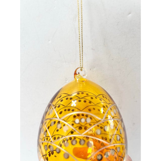 Vintage Amber Blown Glass Egg Christmas Ornament With Gold & Silver Detail For Sale - Image 4 of 6