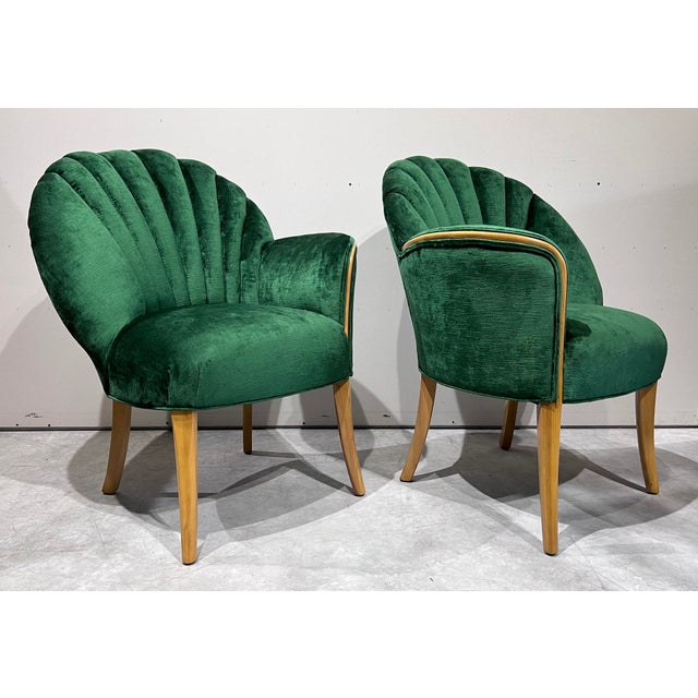 French Art Deco Asymmetrical Shell Channel Back Chairs in Green Velvet
