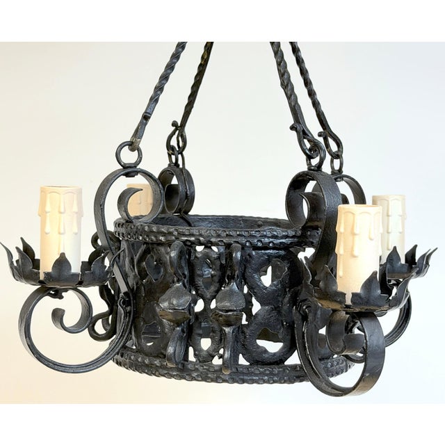 Addison Mizner Style Spanish Colonial Wrought Iron Four-Light Chandelier For Sale - Image 11 of 18