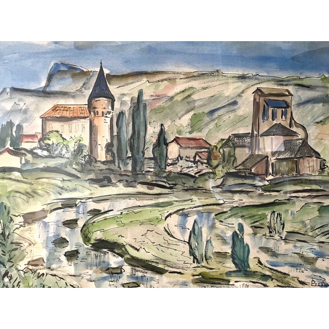 Large table in watercolor on a landscape in the south of France by Emile Pressac. The table is well framed under glass....