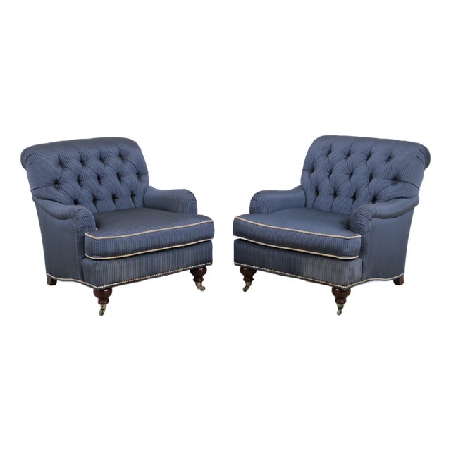 Pair Lillian August Blue Upholstered Club Chairs For Sale