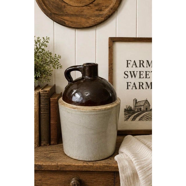 Eggshell Antique American Salt-Glazed Stoneware Jug With Albany Slip Shoulder, Circa 1890 For Sale - Image 8 of 12
