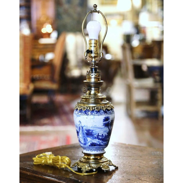 Blue 19th Century French Delft Blue and White Faience Oil Lamp With Brass Mounts For Sale - Image 8 of 11