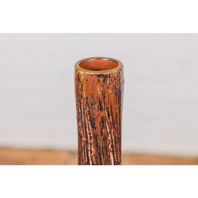 Tall and Slender Textured Brown Minimalist Ceramic Vase For Sale - Image 4 of 12