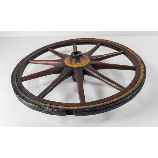 19th Century Primitive Folk Art Rustic Mustard Painted Miniature Wagon Wheel For Sale - Image 11 of 11