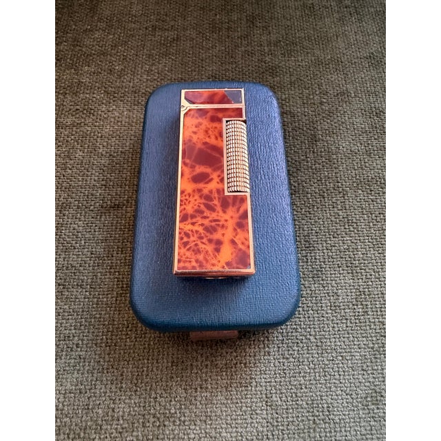1960s Rare Vintage Dunhill Gold Plated Cognac Marble Lacquer Lighter Original Sky Case For Sale - Image 5 of 15