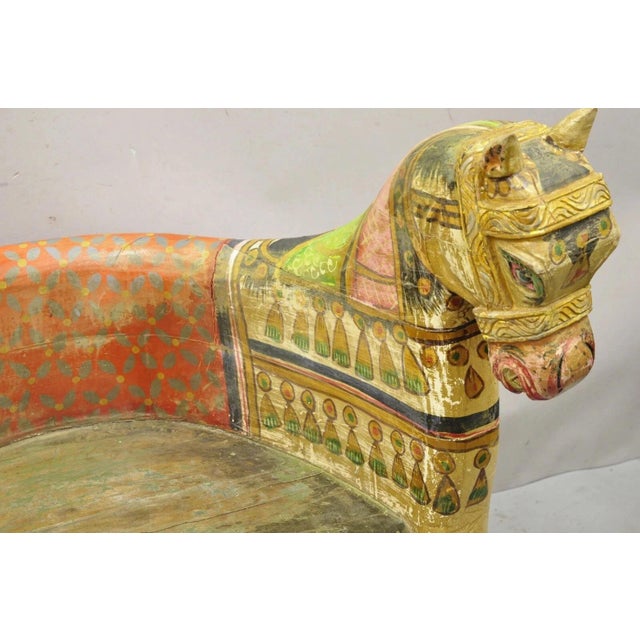 Vintage Figural Primitive Solid Carved Wood Red & Green Horse Bench Seat Chair For Sale - Image 11 of 12