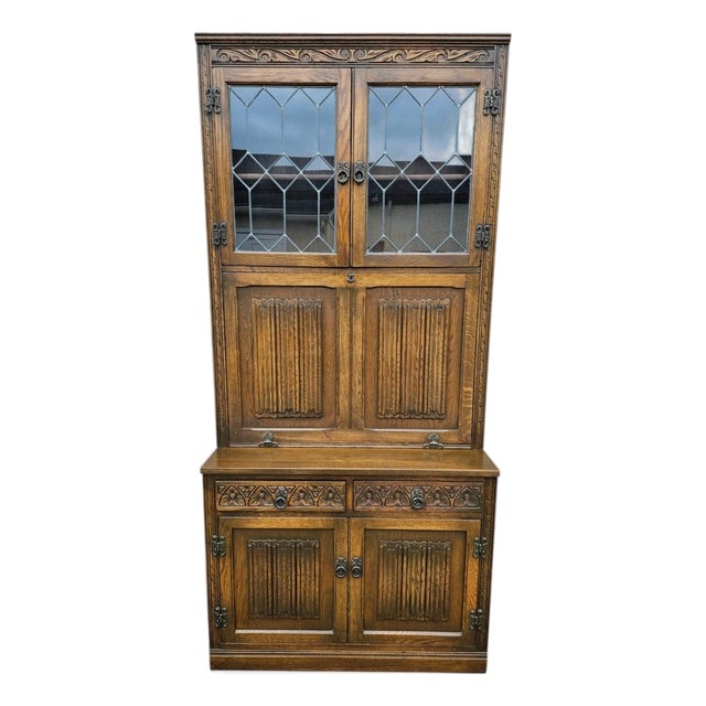 Vintage Oak Wood Bros Desk Cabinet Tudor Hutch Bookshelf Old Charm Leaded Glass For Sale
