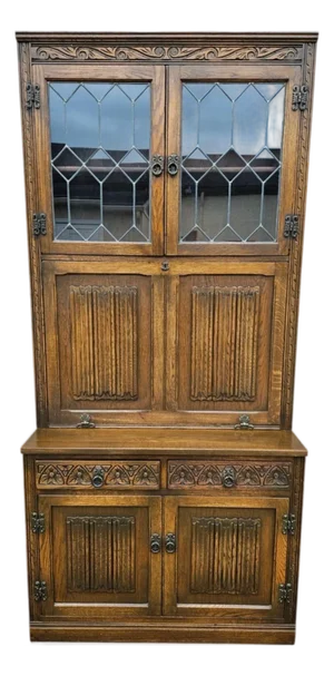 Vintage Oak Wood Bros Desk Cabinet Tudor Hutch Bookshelf Old Charm Leaded Glass