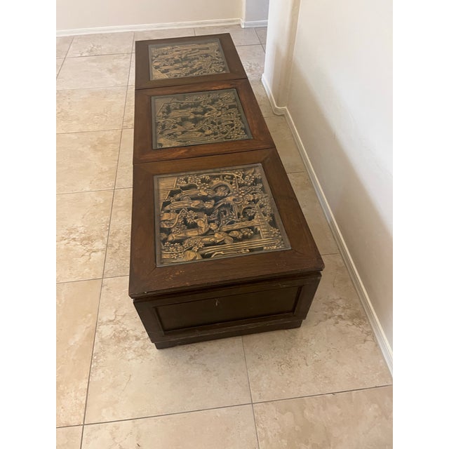 Wood Vintage South East Asian Hand-Carved Five-Drawer Coffee Table With 3 Piece Glass Top Insets For Sale - Image 7 of 12