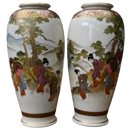 Japanese Satsuma Earthenware Vases, Set of 2 For Sale