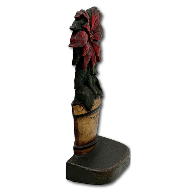 Ruby Red Rare & Hard to Find Antique American Poinsetta Flower Pot Cast Iron Doorstop - Circa 1920s For Sale - Image 8 of 12