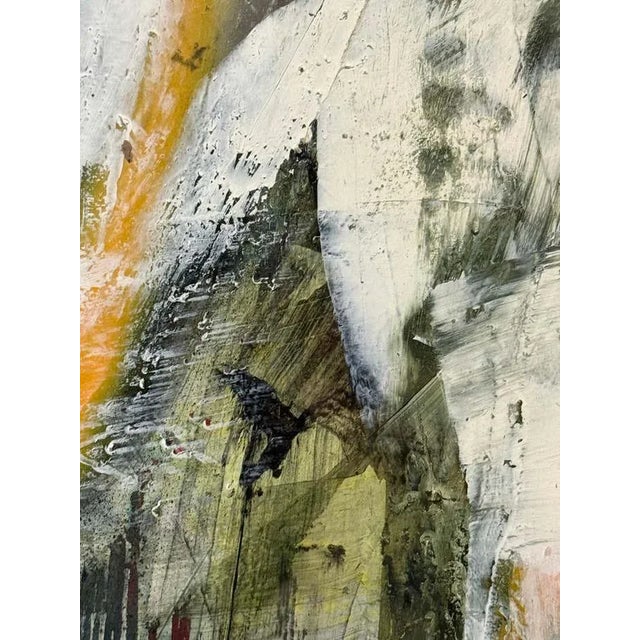 An abstract expressionist canvas executed in layered strokes of black, white, and ochre. A luminous white silhouette in...