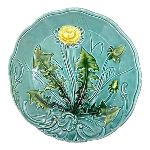 Antique Majolica Aqua Antique Dandelion Plate For Sale