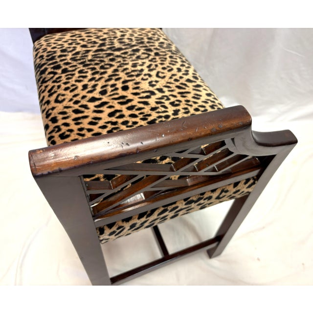 Vintage Fretwork Curved Arm Vanity Stool/ Bench With New Leopard Upholstery For Sale - Image 18 of 18
