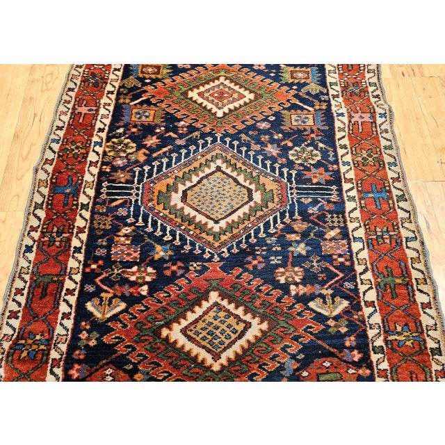 Vintage Persian Heriz Serapi Runner Rug, Hand-Knotted Wool, Geometric Medallion Pattern, Navy, 3x12 For Sale - Image 12 of 16