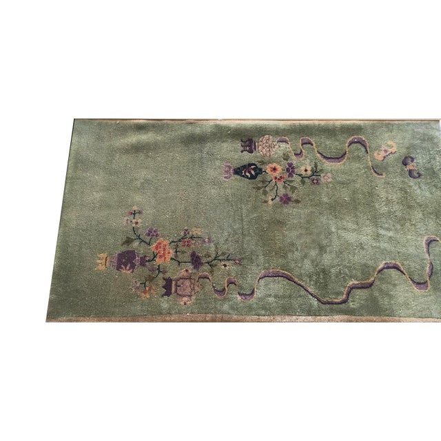 1920s Green Floral Antique Chinese Art Deco Rug 3' 0'' X 5' 8'' Handknotted Wool Carpet For Sale In New York - Image 6 of 6