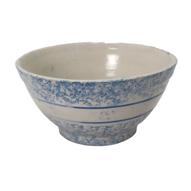 Antique American Blue Spongeware Decorated Stoneware 10 Inch Kitchen Mixing Bowl For Sale - Image 9 of 13