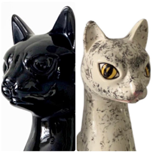 Vintage Haeger Cats, Art Deco Mid Century Modern, Tall Seated Black and White Cat Ceramic Statuettes Figures - Set of 2 For Sale In Miami - Image 6 of 13