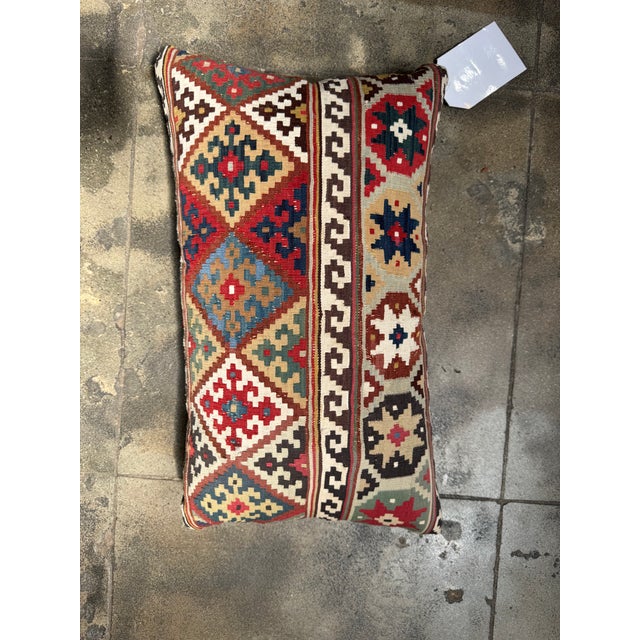 Mid-Century Modern Colorful Accent Pillow Made From 19th Century Handwoven Wool Caucasian Kilim Rug For Sale - Image 3 of 4