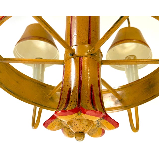 Wood Mid 20th Century Hollywood Regency Ochre Japanned Faux Bamboo Tole Six-Light Chandelier For Sale - Image 7 of 18
