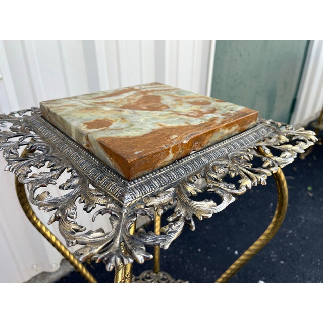 Antique Two-Tier Art Nouveau Brass and Onyx Planter Stand With Gallery For Sale - Image 10 of 12