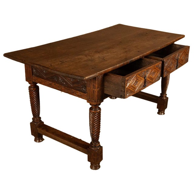 Brown Antique 17th Century Baroque Carved Walnut Spanish Table Desk Navarre 1650 For Sale - Image 8 of 18