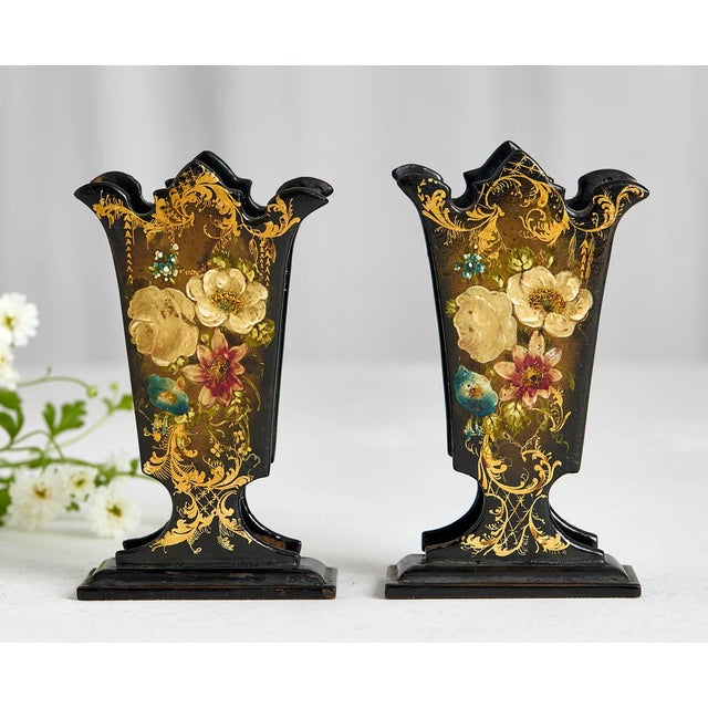 Acquired in France, a gorgeous 19th century pair of hand painted paper mache spill vases. A spill vase is a small,...