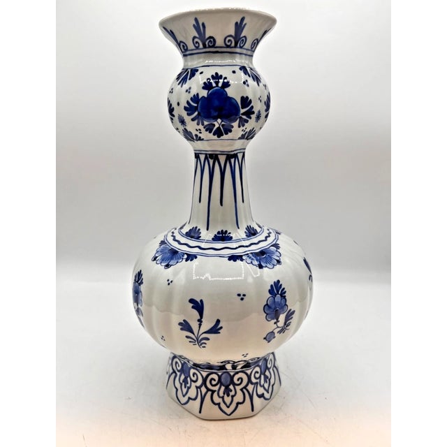Mid-Century Modern Vintage MCM Royal Delft Hand Painted Blue and White Ceramic''Knobbelvaas'' Vase For Sale - Image 3 of 7