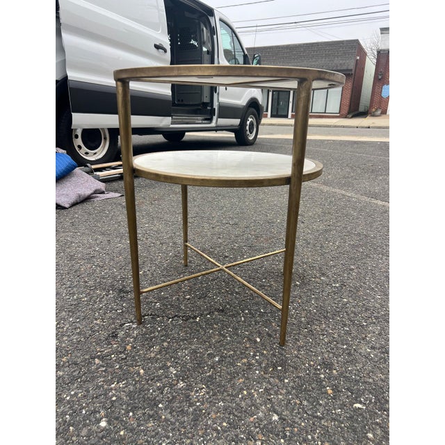 Modern Marble Top Two-Tier Accent Table With Brass Frame For Sale - Image 4 of 6